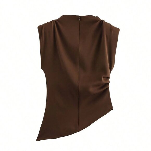 Chocolate Brown Elegant Womens Padded Shoulder Ruffle Asymmetric Zipper TOPO - Picture 2 of 10